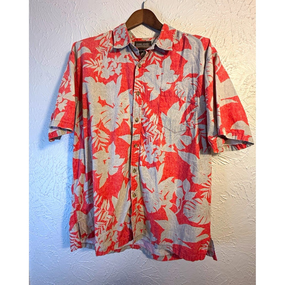 Cooke Street Men 2XL XXL Red Gray Floral Hawaiian Cotton Short Sleeve Button Up